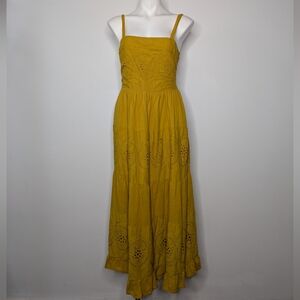 Dress Naoo Mustard Yellow Eyelet Lace Square Neck Cotton Maxi Dress L